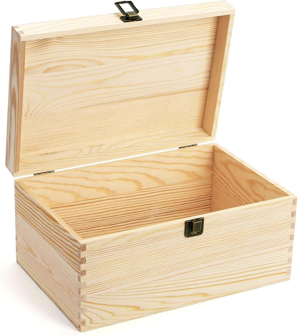 yarlung Unfinished Wooden Box with Hinged Lid, 12 x 8 x 6 Inch Large Memory Box for Crafts, Unpainted DIY Gifts Box for Jewelry Storage, Treasure Chest, Art Hobbies, Front Clasp