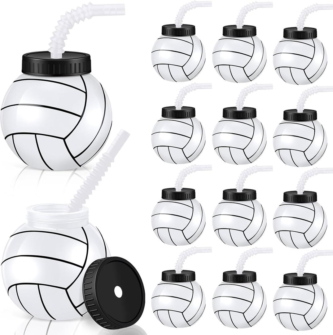 Sumind 12 Pcs 14 oz Volleyball Cups with Straws and Lids Plastic Sports Ball Cups Reusable Water Bottles Volleyball Theme Party Favor for Sports Party Supplies