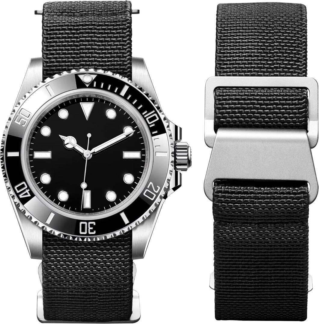 BINLUN Elastic Nylon Watch Band 18mm 20mm 22mm Marine Nationale Fabric Military Parachute Replacement Watch Strap Men Women Silver & Black Buckle - Upgraded Hook-and-Loop Buckle