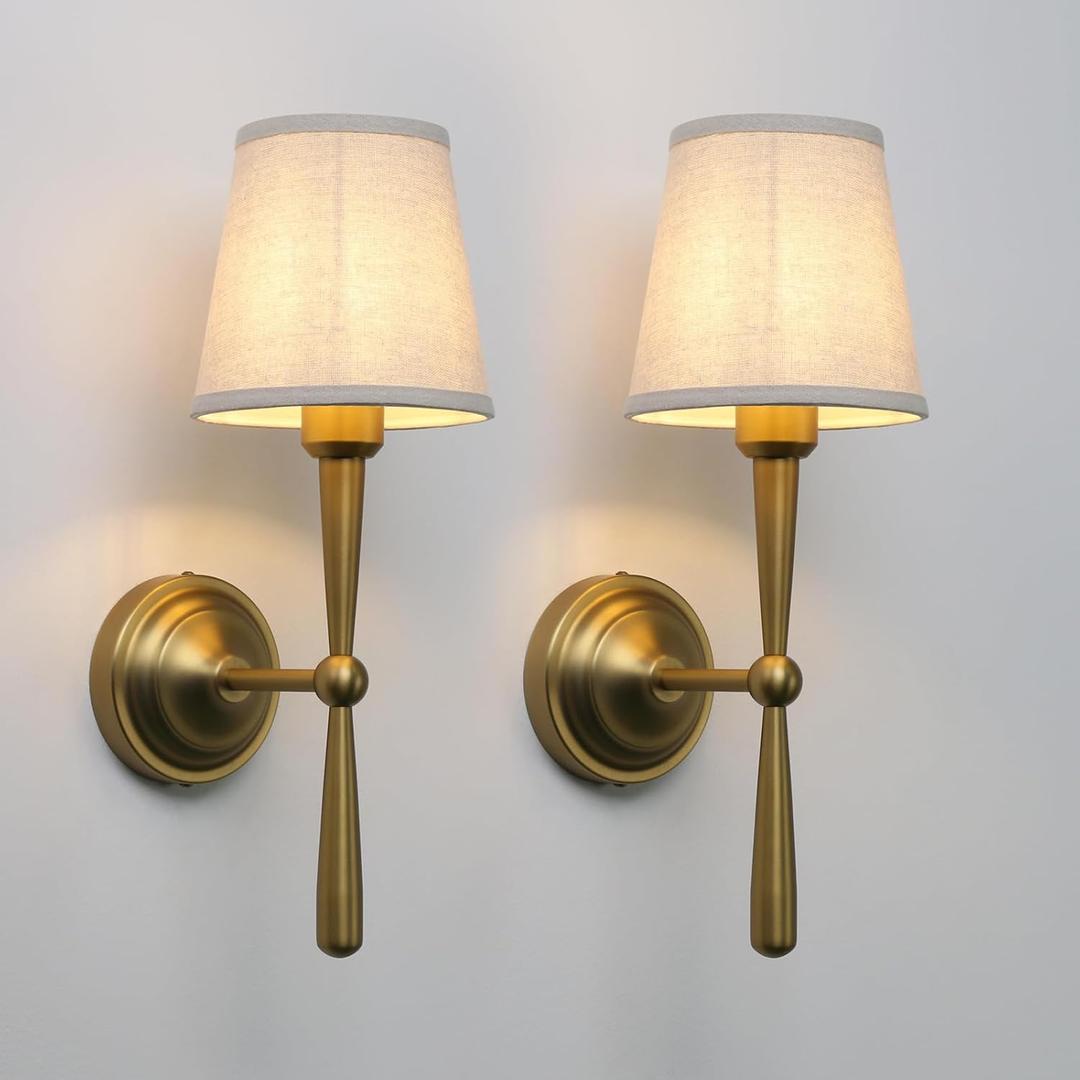 Yosoan Brass Linen Shade Bedside Vanity Wall Sconce Set of 2, Vintage Industrial Hardwired Indoor Boho Gold Wall Mounted with Funnel Textile for Bedroom Stairwell Hallway (Antique)