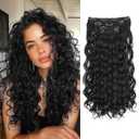 QGZ Curly Clip in Hair Extensions 4PCS Black Yaki Texture Synthetic Lace Weft Hair Extensions for Women 18 Inch
