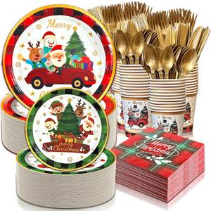 350 PCS Christmas Paper Plates and Napkins Sets, Christmas Tableware Set Includes Disposable Dessert Plates Cups Gold Knives Forks Spoons Disposable Dinnerware Set (50 Guest)