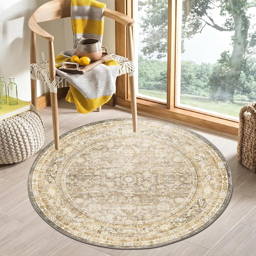 OPPODREAM Vintage Beige Round Rug 3ft, 3 ft Retro Washable Circle Rug Non Slip, Low-Pile Faux Wool Circular Carpet, Distressed Tan Floor Mat for Living Room, Bedroom, Office, Dorm, Dinning Room
