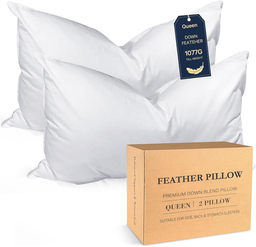 BHZ Goose Down Feather Pillows Queen Size Set of 2, Hotel Collection Bed Pillows for Sleeping Medium Firm Soft Support Pillow for Side and Back Sleepers (White)