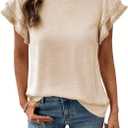Dokotoo Summer Tops for Women 2026 Casual Round Neck Ruffle Cap Sleeve Blouse Shirts Solid Color Tunic Tops (Beige, S)
