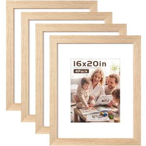 Abtgt Solid Wood 16x20 Frames, Gallery Wall Frame Set of 4, Natural | Display 11x14 with Mat or 16x20 without Mat, Wall Horizontal or Vertical Display, Woodgrain Finish