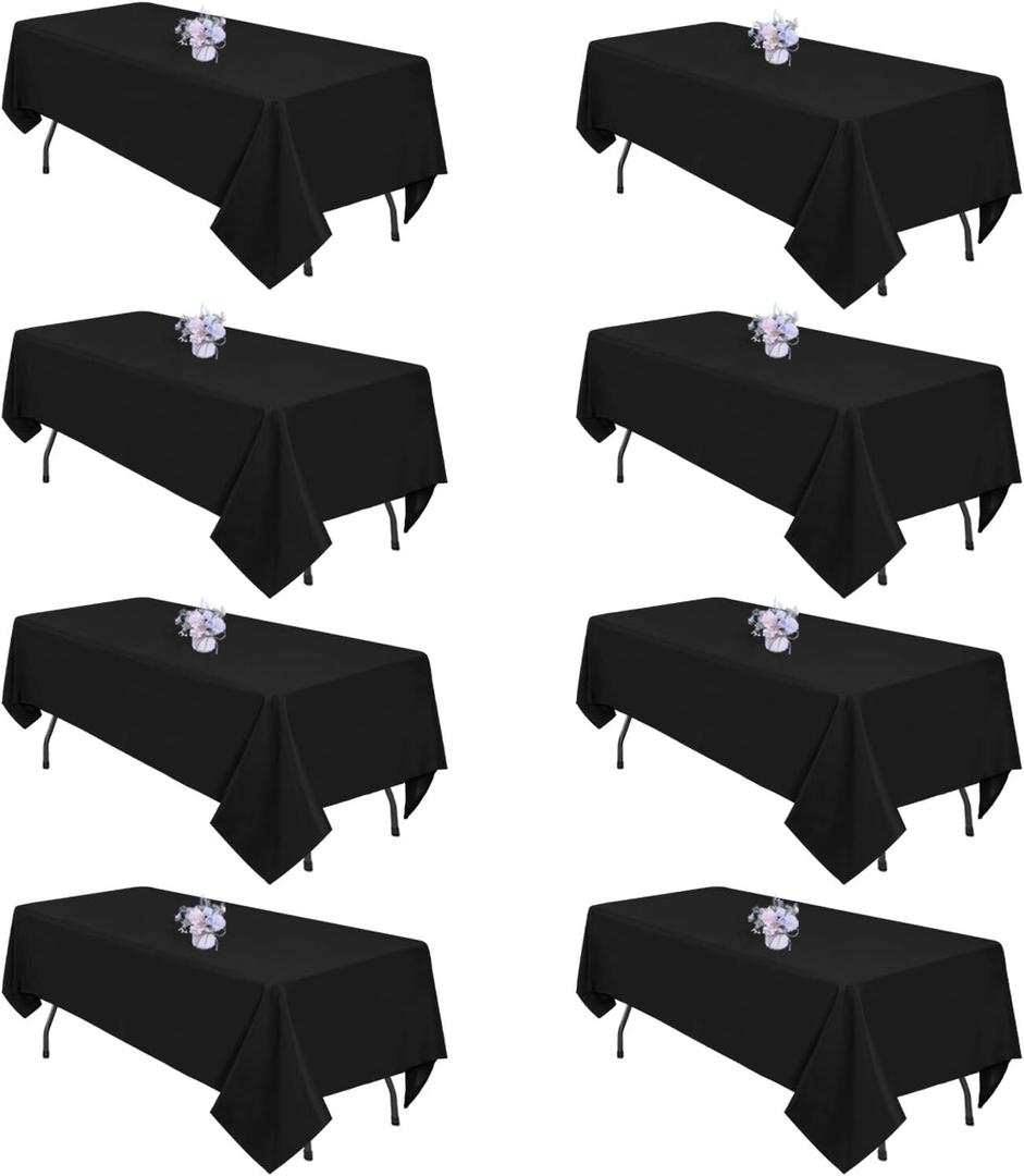 8 Pack Black Tablecloths 60x102 Inch Table Cloths for 6 Foot Rectangle Tables, Wrinkle Resistant Washable Rectangular Fabric Table Cover for Dining, Wedding, Banquet, Camping Party