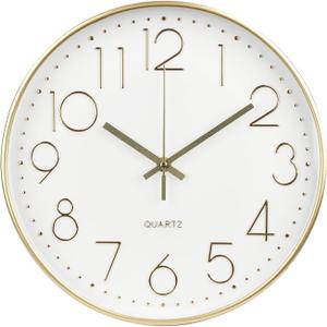 bakbrand Wall Clock 12 Inch Non-Ticking Silent Modern Simple Style Round Decor Clock Gold Stereoscopic Dial Quartz Wall Clocks for Home/Office/School/Living Room/Bedroom/Kitchen