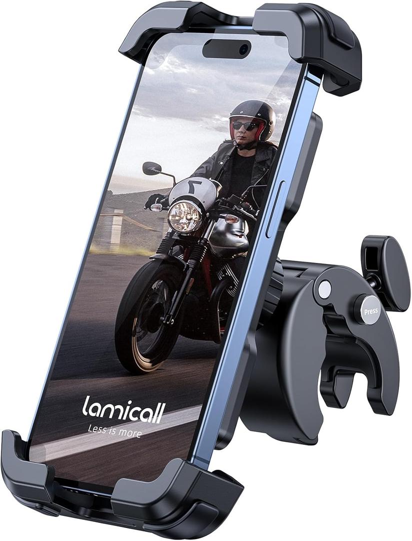 Lamicall Motorcycle Phone Mount, Bike Phone Holder - [Metal Lock] Upgrade Quick Install Handlebar Clip for Bicycle Scooter, Cell Phone Clamp for iPhone 16 15 14 Pro Max, Galaxy, 4.7-6.8" Phones (Black)