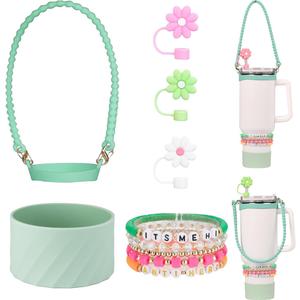 9Pcs Stanley Cup Accessories Set for 40oz  30oz Stanley CupIncluding Straw Covers Cap,Boot,Charm,Water Bottle Sling for 8-40oz Bottles,Bracelets (Green)