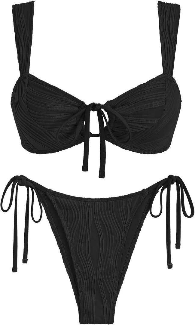 ZAFUL Women's Cinched Bikini Solid Color Wave Textured Knotted Tied Side Two Piece Swimsuit Bathing Suits (Medium, 1-black)