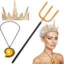 Nosiny 3 Pcs Halloween Octopus Costumes Accessories Set for Women Glitter Golden Crown and Witch Trident and Mermaid Luminous Pendant Necklace for Cosplay