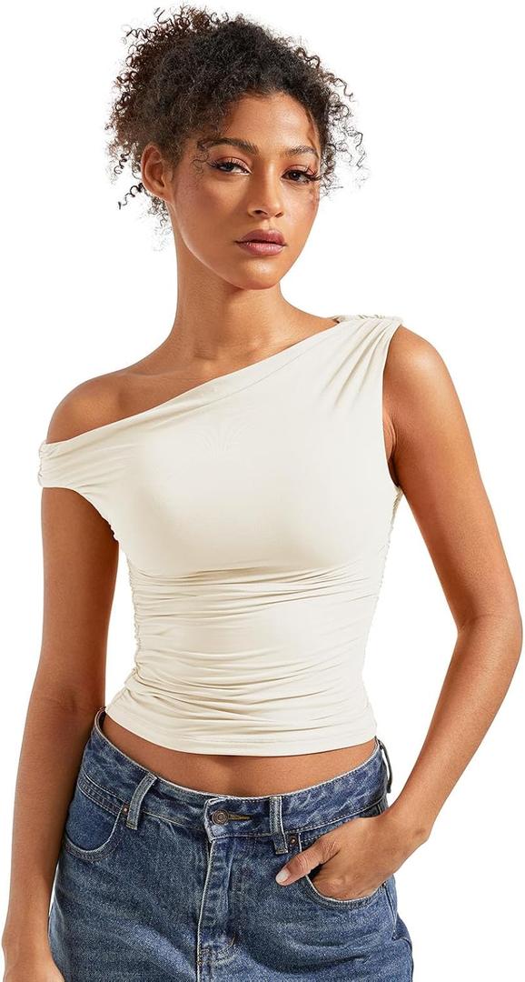 SUUKSESS Women Off Shoulder Tops Sleeveless Shirts Y2K Going Out Crop Tank Top (Large, Cream White)