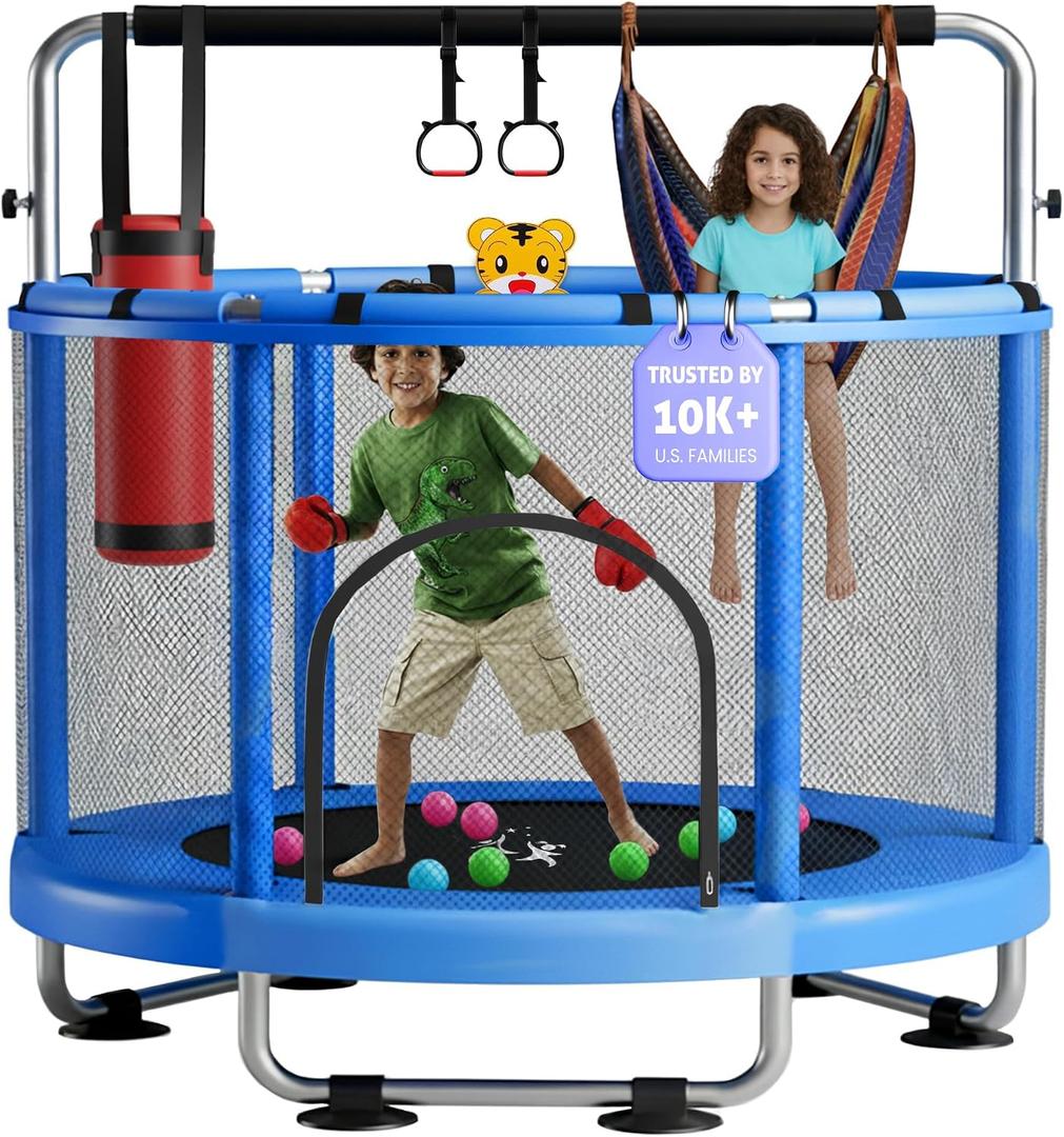 55" Toddler Trampoline for Kids Ages 38 Indoor & Outdoor Kids Trampoline Anti-Tilt Frame, Adjustable Gym Bar, Basketball Hoop, Ocean Balls, Boxing Bag, Hammock & Boxing Gloves