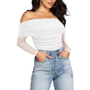 SAUNGKUAI Women's Off The Shoulder Long Sleeve Bodysuit Sexy Slimming Body Suit Tops Sheer Mesh Ruched Outfits (White), Size XL