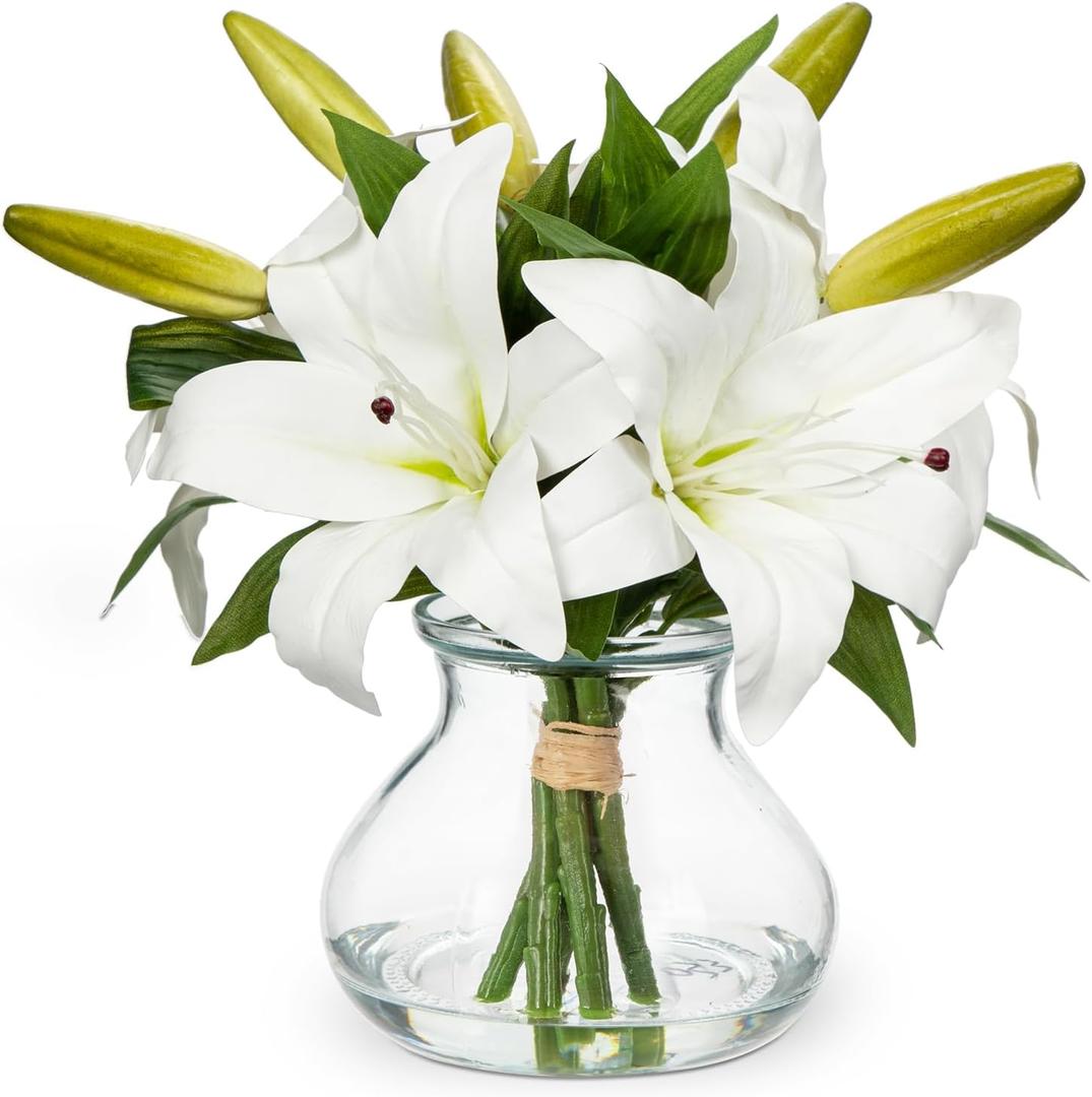 Artificial Flowers Tiger Lily Real Touch with Vase Easter Lily White Lilies Silk Faux Flowers Arrangements in Glass Vase with Faux Water Easter Decor Fake Floral Bulk Bouquet for Office Home Decor (Glass Vase, Tiger Lily, White)