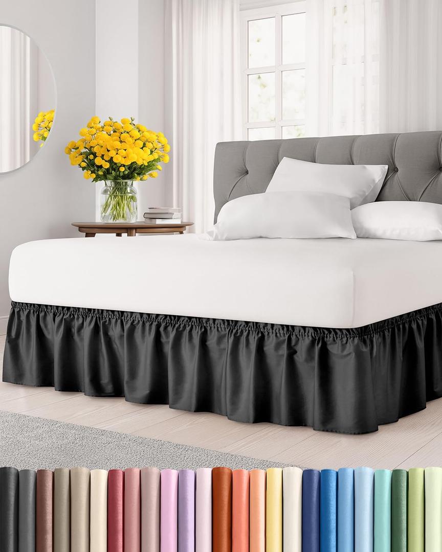 Wrap Around Dust Ruffle Bed Skirt - Black - for King Size Beds with 18 Inch Drop - Easy Fit Elastic Strap - Adjustable Pleated Bedskirt w/Brushed Fabric - Wrinkle Free - for Women, Men, Kids & Teens