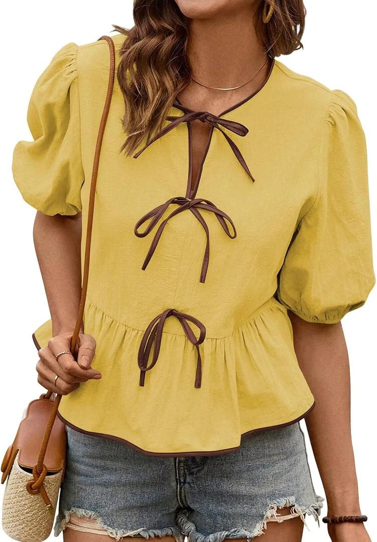 Falechay Womens Summer Tops Bowknot Puff Short Sleeve Blouses Dressy Casual Cute Babydoll Flowy Peplum Shirt for Women (Yellow, L)