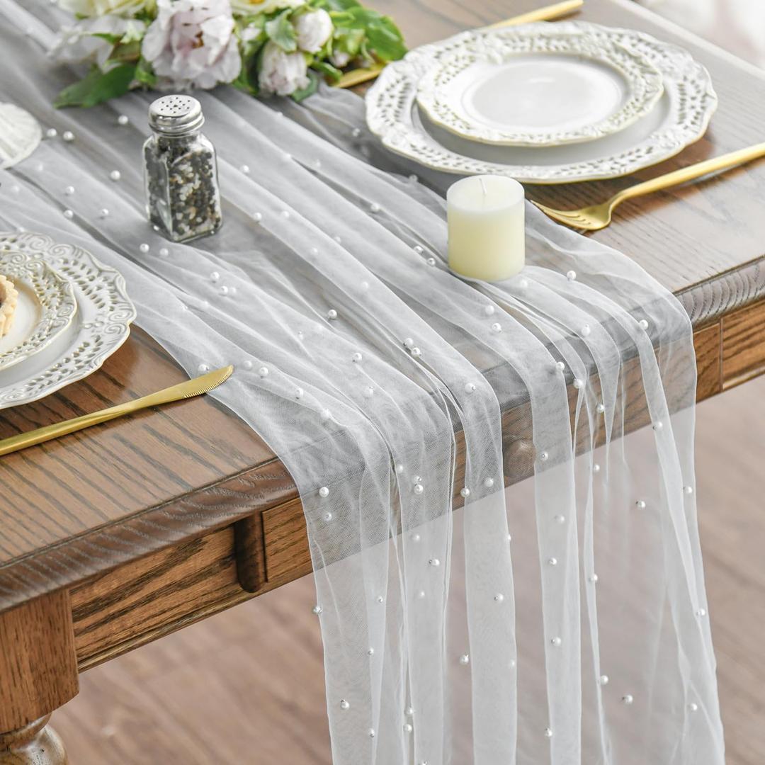 Artoid Mode Pearl Gauze Table Runner 59x120 Inch , Seasonal Sheer Kitchen Dining Holiday Wedding Birthday Baby Shower Table Decor for Home Party (White)