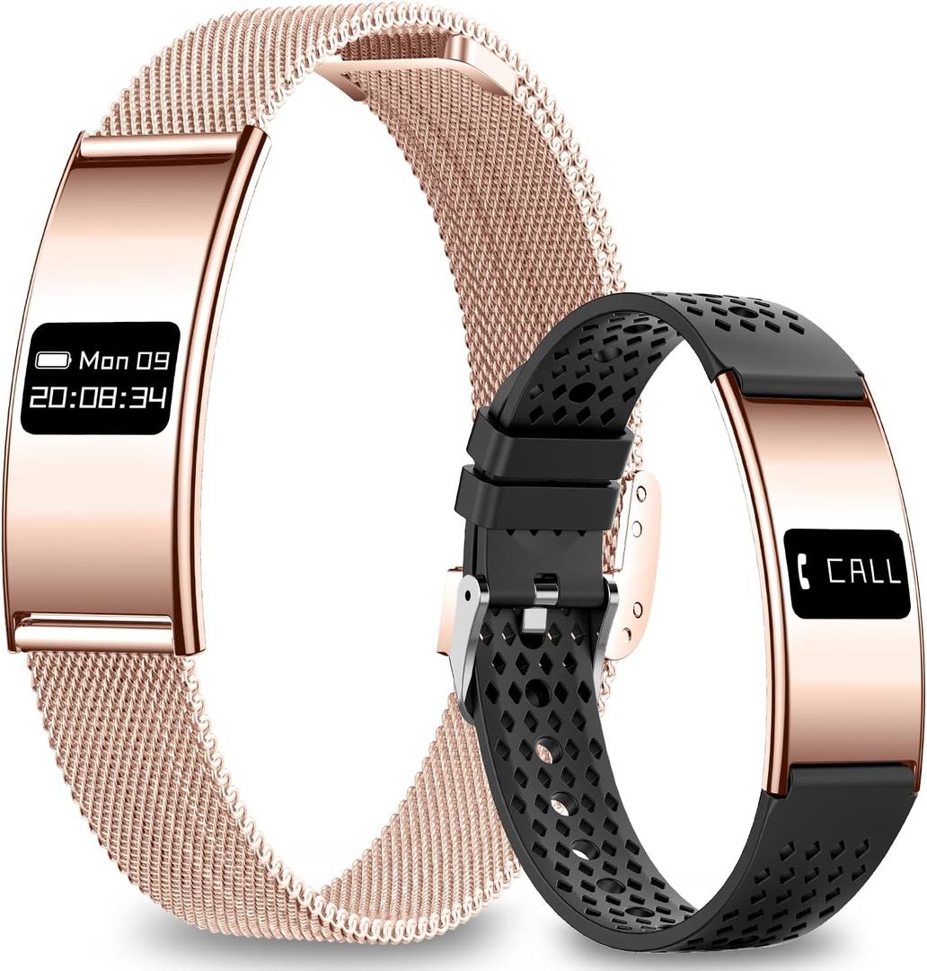 Efolen Smart Bracelet for Women Men, Activity Fitness Tracker, Smart Wristband with Heart Rate/Blood Oxygen/Sleep Monitor/Pedometer, IPX8 Waterproof Slim Smart Watch for Android iPhone, 2 Bands, Gold
