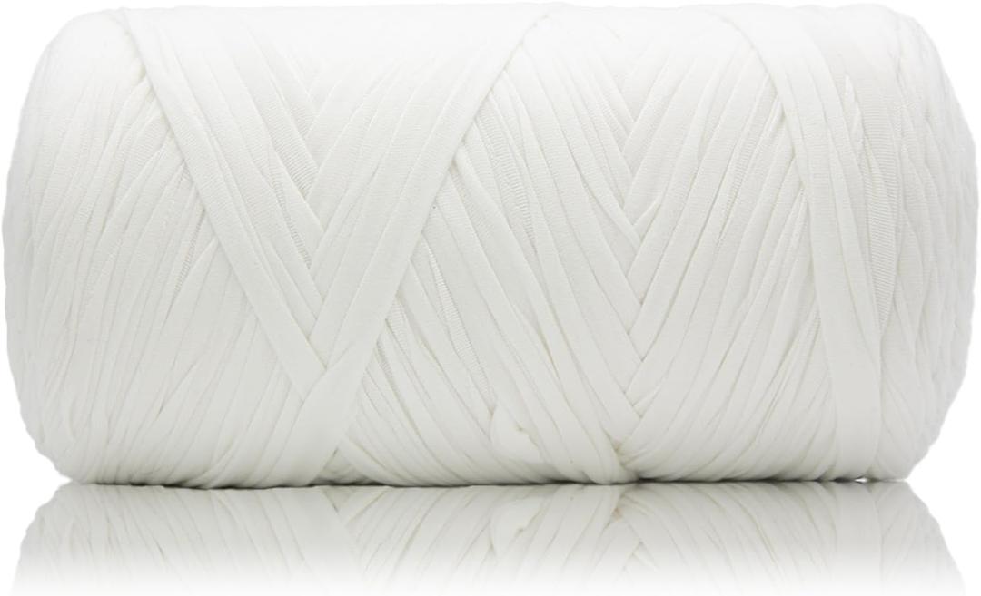 400g T Shirt Yarn, Tshirt Crochet Yarn for Crocheting Bag/Craft Project/Home Decor, 14.1oz/400g, 120yd/110m Crochet with Polyester Spandex Blend Stretch Fabric(White)