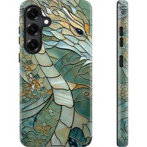 Esdot for Samsung Galaxy S24 Case,Aesthetic Stained Glass Mosaic Green Dragon Shell,Compatible with Magsafe,Trendy Unique Cool Retro Western Protective Slim Silicone Phone Cover for Women Girls (An Abstract Dragon)