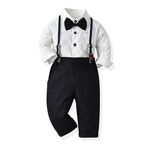 Autumn Baby Boys Clothes Sets Toddler Boy Outfits Gentleman Suits 3pcs Striped Bow Tie Shirts and Suspenders Pants Casual Birthday Formal Wedding Party Dress Suits Black + White Striped 12-18 Months