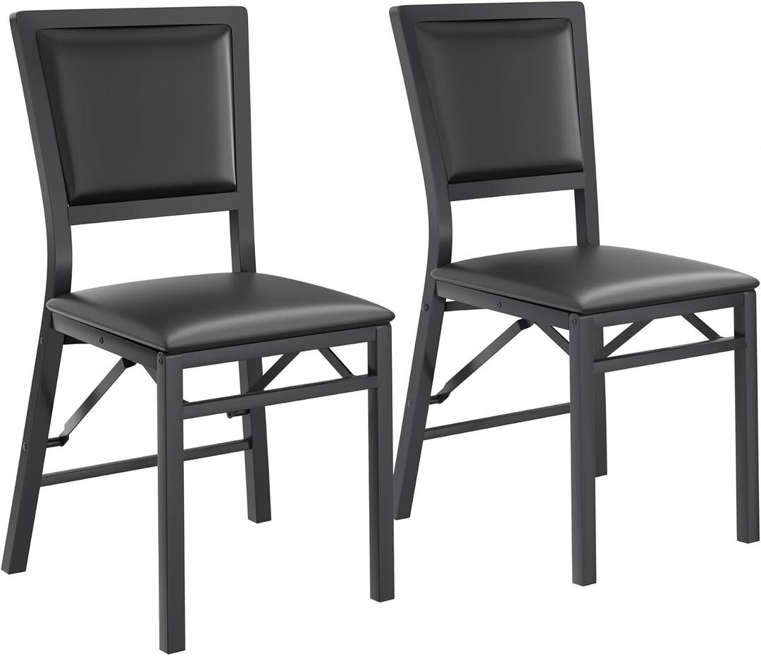 VECELO Folding Chairs Set of 2 with Cushion, Foldable Padded Seats with Heavy Duty Metal Frame for Kitchen/Dining/Living Room, No Assembly & Space Saving Design, Black