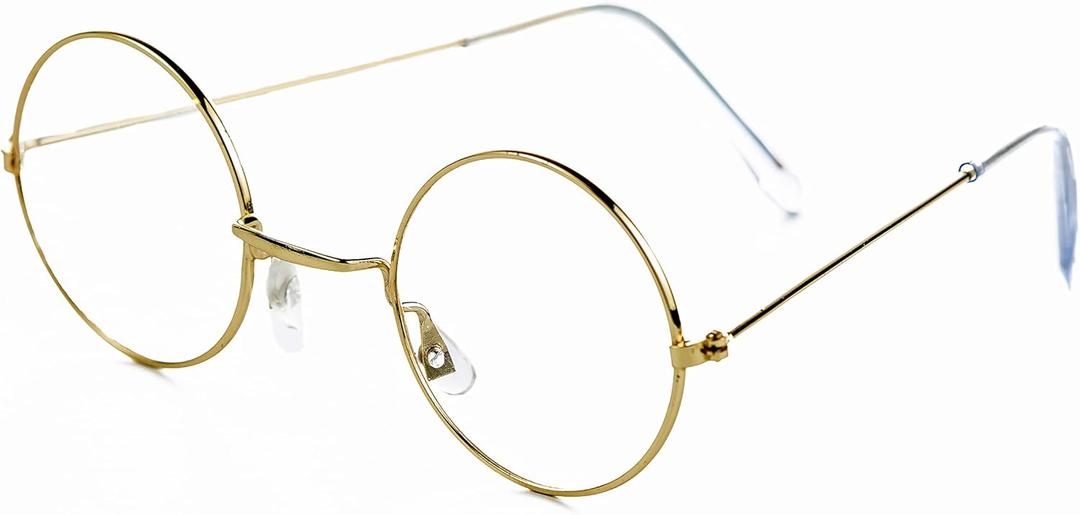 4E's Novelty Gold Metal Round Glasses, Fake Non-Prescription Kids Circle Costume Glasses for Boys & Girls,100th Day of School Old Man Lady Dress Up Granny Accessories