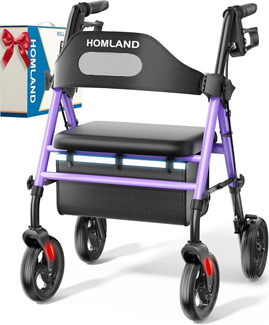 HOMLAND Foldable Rollator Walkers with Seat for Seniors, 8'' Big Wheels, 350 lb. Weight Capacity, Adjustable Handles and Seat Height, Lightweight Rolling Walker, Purple and Black Walker