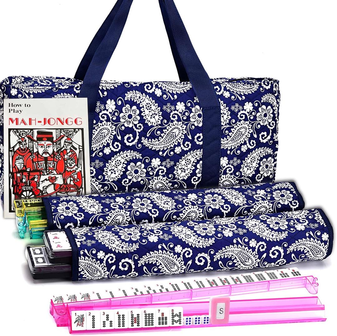 Mose Cafolo American Mahjong Set, Blue Paisley Carrying Bag,166 Premium White Tiles,4 All-in-One Color Rack/Pushers Complete Mahjong Tiles Set (Ma Jong, Mah-Jongg, Majiang), standard