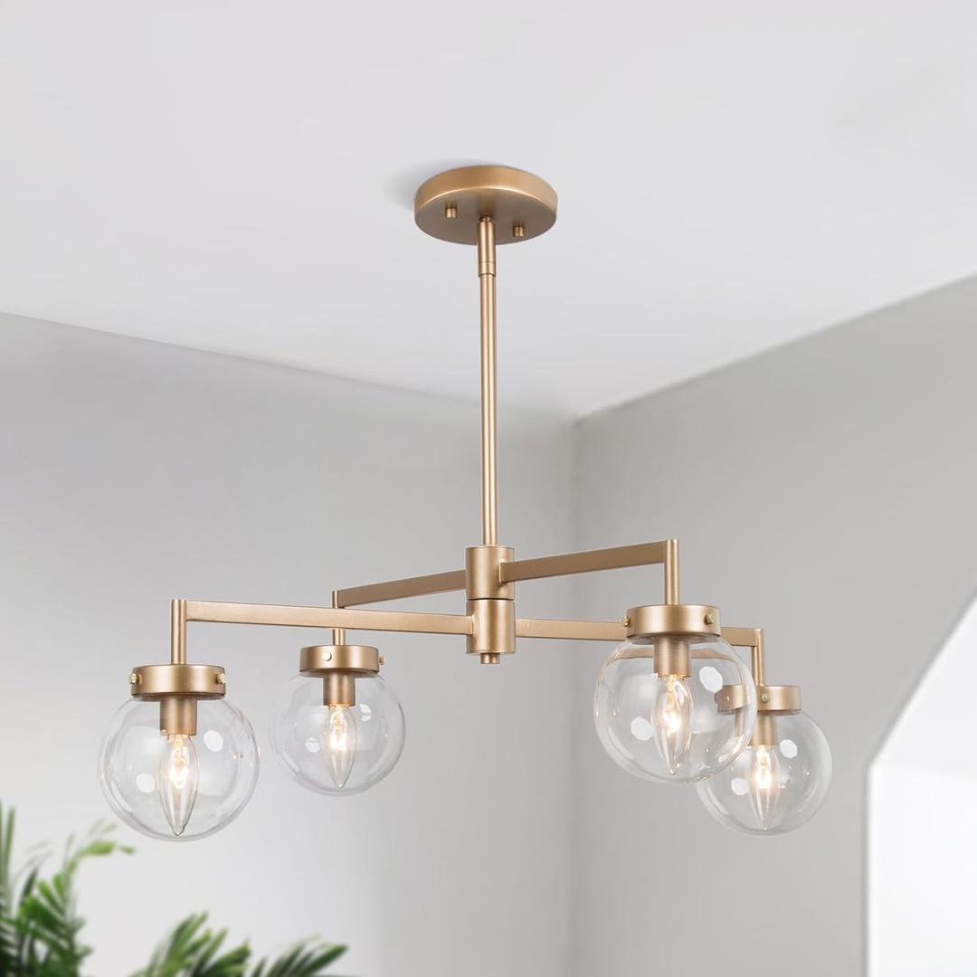 KSANA Gold Chandeliers for Dining Room, Modern 4-Light Large Hanging Light Fixtures with Globe Clear Glass Shade for Kitchen, Foyer, Bedroom and Living Room