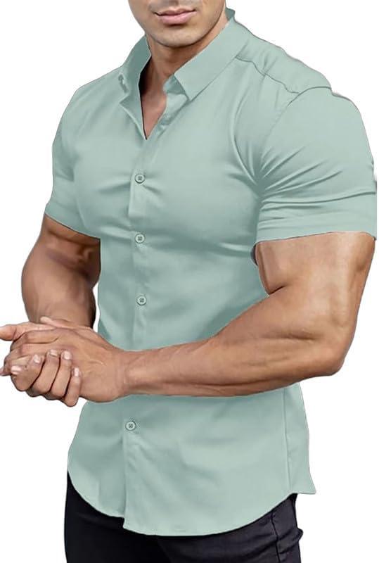 Mens Muscle Fit Dress Shirts Athletic Slim Fit Short Sleeve Stretch Casual Button Down Shirt (Small, Soft Sage)