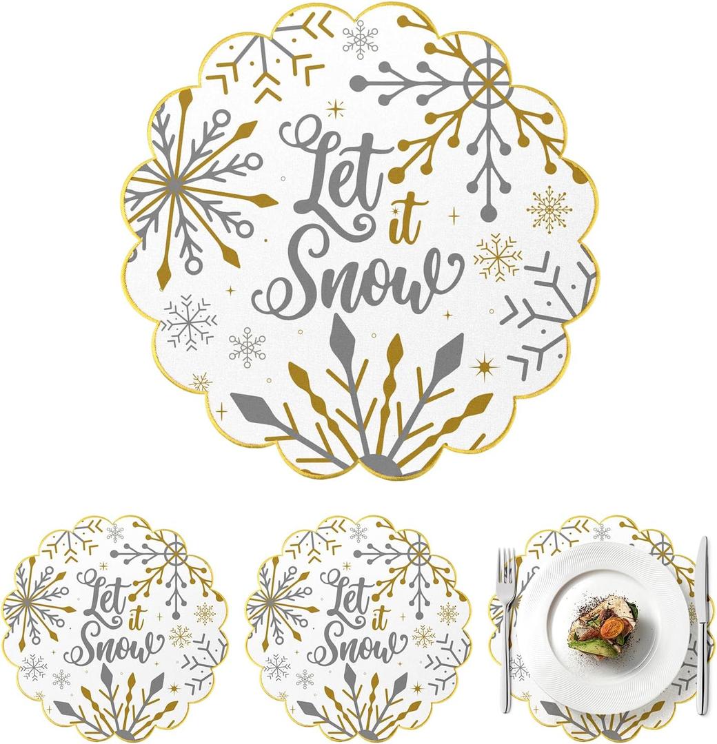 Christmas Snowflake Placemats Set of 4 Scalloped Let it Sonw Cotton Linen Placemats 13.5 Inch Embroidery Winter Table Mats for Christmas Xmas Party Supplies Home Kitchen Dining Table Decorations