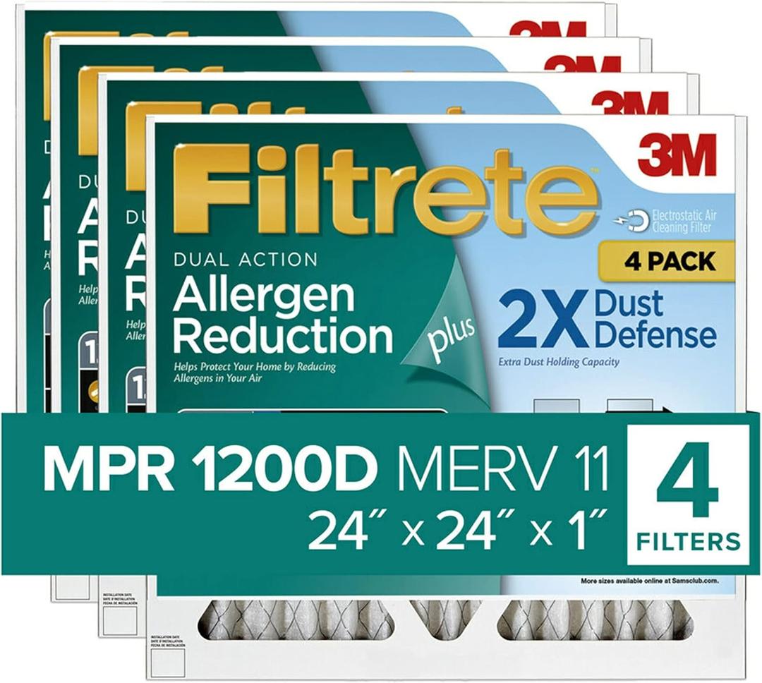Filtrete 24x24x1 Air Filter MPR 1200D MERV 11, Allergen Reduction Plus Dust, 4-Pack Filters (exact dimensions 23.81x23.81x0.81)
