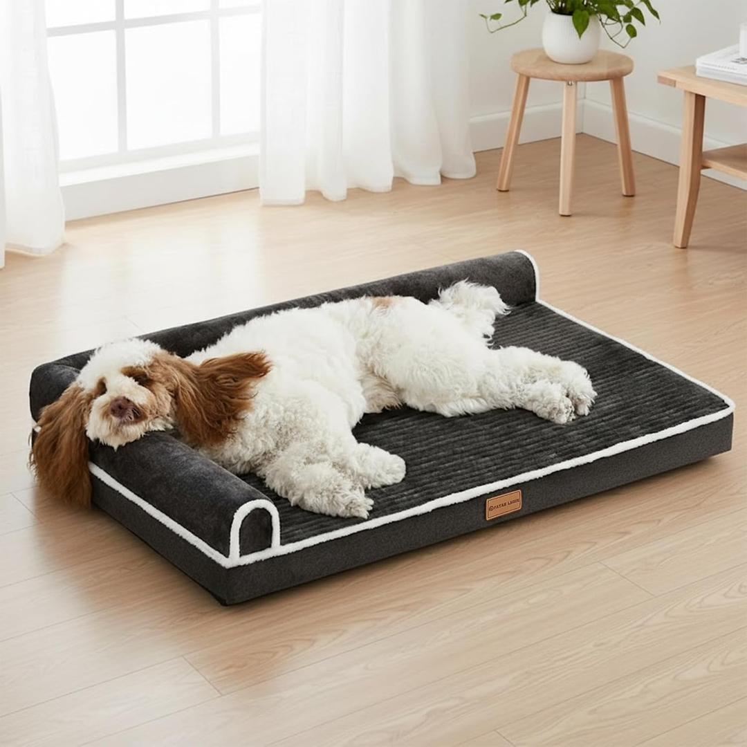 Patas Lague Orthopedic Dog Bed Large Sized Dog 36''X24'', Waterproof Comfortable L Bolster Medium Non-Slip Soft Warm Pet Crate Bed Sleep Sofa mat with Removable Washable Cover Black