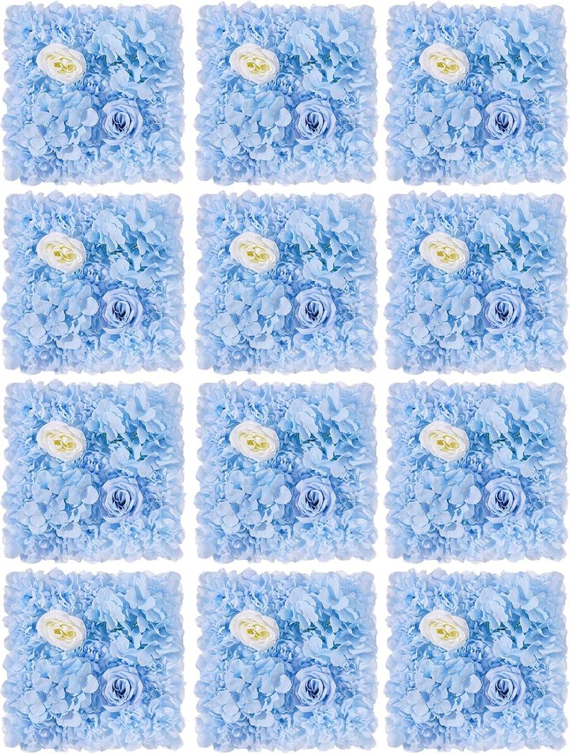 Flower Wall Panel 12PCS - 12 in Artificial Flower Wall Backdrop for Wedding Anniversary Birthday Party, 3D Silk Faux Flower Wall Rose Floral Decorative Background, 4 ft x 3 ft in Total, Blue