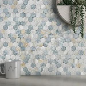 MOFIT Hexagon Peel and Stick Backsplash Tiles Kitchen, Self-Adhesive Metal and Marble Honeycomb Peel and Stick Wall Tiles Sticker Mosaic Heat Resistant(Blue Green Gray, 5sheets)
