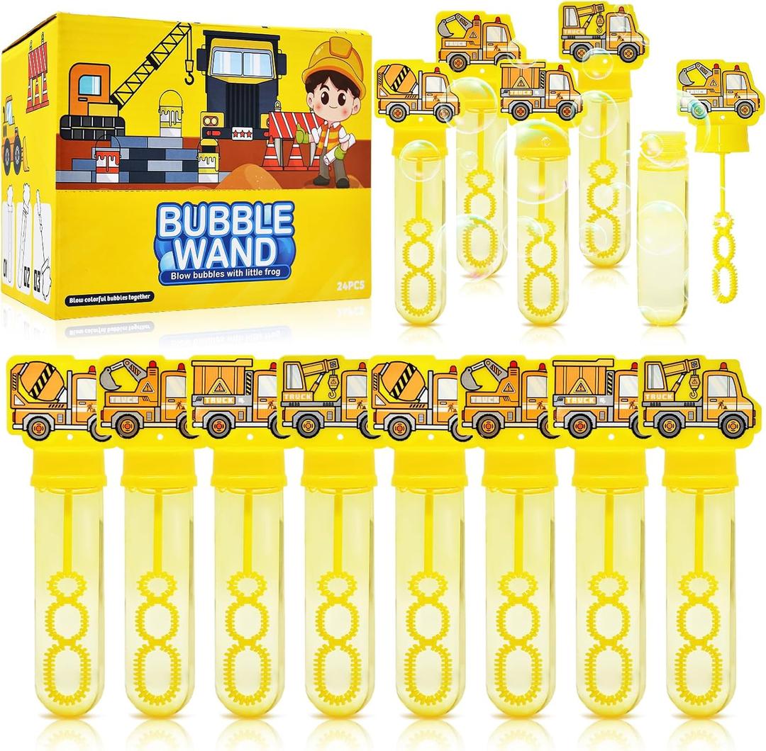 24 Pack Construction Truck Bubble Wands for Kids - Large Cartoon Excavator Bubbles Bulk with Refill Solution Toys for Carnival, Goodie Bag Stuffers, Boys Girls Birthday Gifts, Christmas Party Favors
