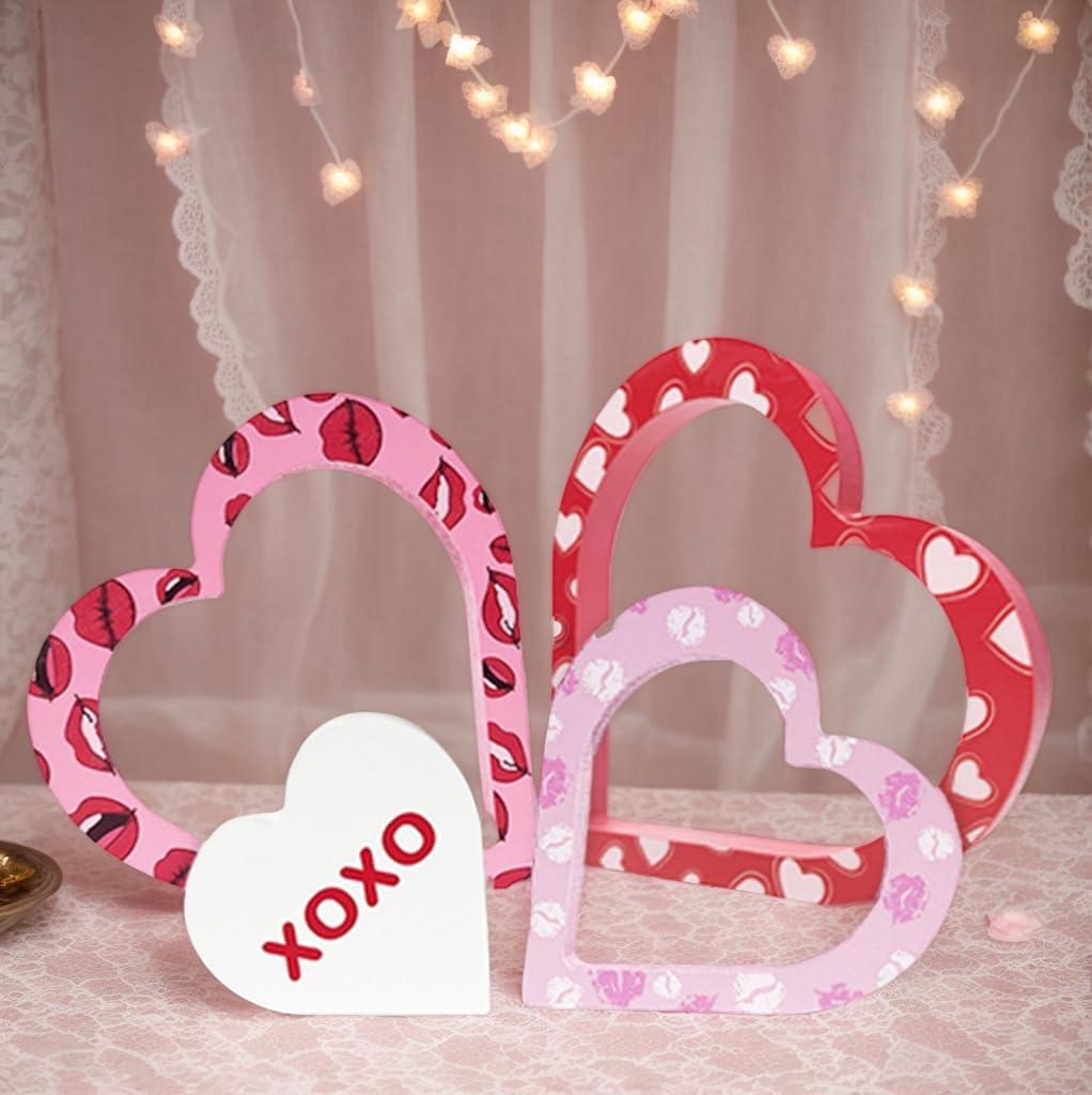 4 Pcs Valentine's Day Decor Double-Sided Wooden Table Decorations Sweet Love Heart Signs Red Lips Tiered Tray Ornaments for Wedding Anniversary Party