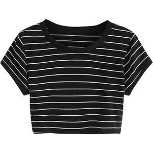 SweatyRocks Women's Striped Ringer Crop Top Summer Short Sleeve Color Block T-Shirts