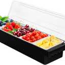 5 Compartment Plastic Dispenser Fruit Veggie Condiment Caddy with LidIce Cooled Condiment Serving Container Chilled Garnish Tray Bar Caddy for Home Work or Restaurant (Black)