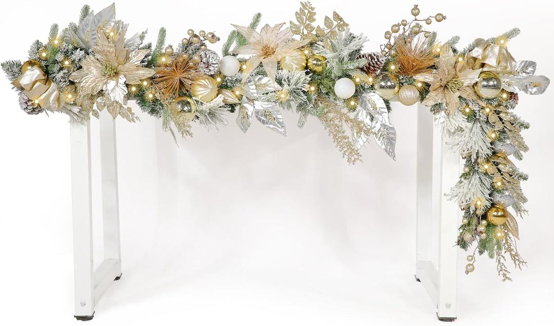 WBHome Pre-lit 6 Feet/72 Inch Christmas Garland, Champagne and Crystal Foliage Garland with 50 LED Lights for Indoor Outdoor Xmas Decor Holiday Decorations, Battery Operated (Batteries NOT Included)