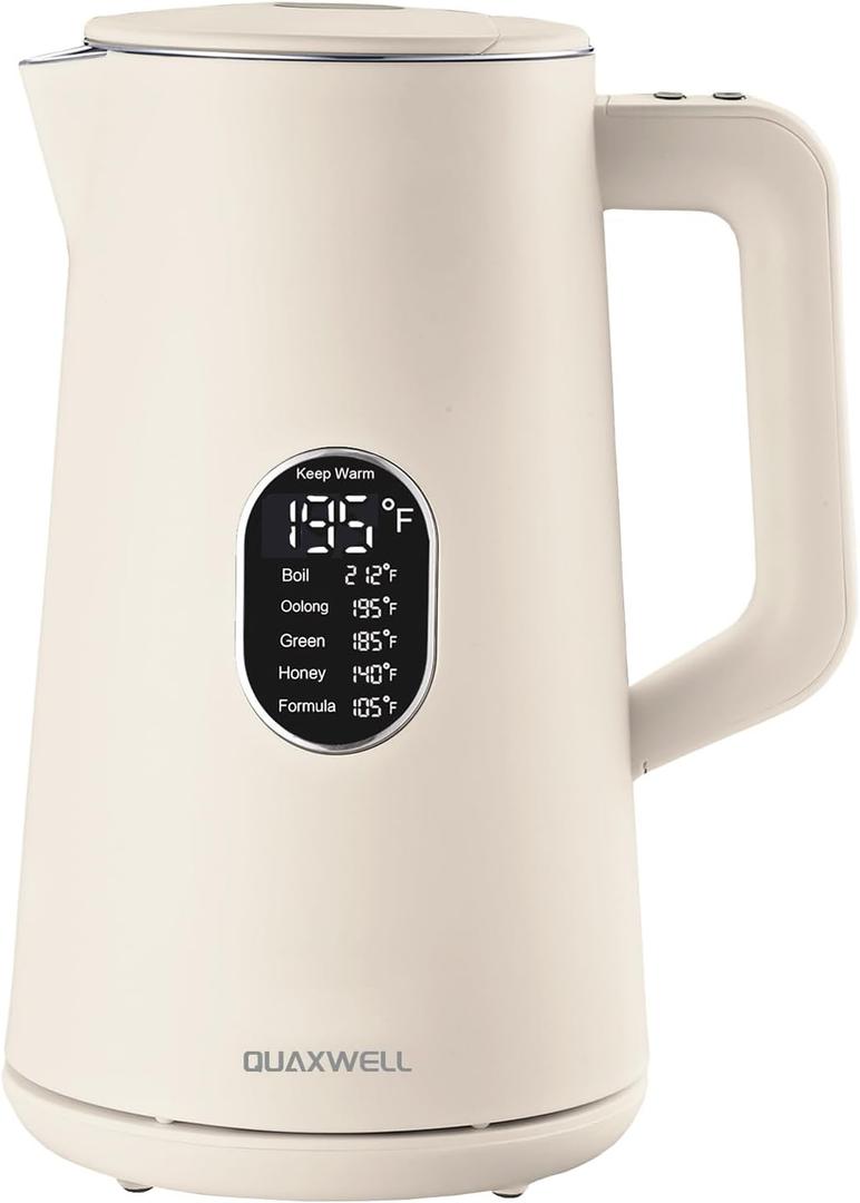 1.5L Electric Kettle Stainless Steel, Double Wall Cool Touch Teapot, Fast Boil,5 Temperature Control, LED Display, Auto Shut-Off,Keep Warm Function,Cream White
