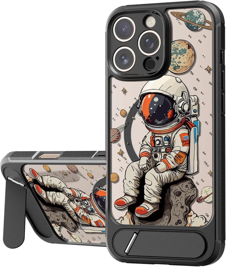 Bouvardia for iPhone 16 Pro Max Case - Multi-Scenario Kickstand & Cosmic Astronaut Pattern - Compatible with Magsafe - Aesthetic Cute Design for Women and Girls