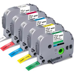 5-Pack Label Maker Tape Replace for Brother TZe TZ Tape 12mm 0.47 Laminated Colored White/Red/Blue/Yellow/Green Compatible with Brother P Touch Label Maker PTH110 PTD220 PTD210 PT-D410