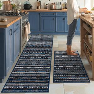 Kitchen Rugs Sets of 2-Non Slip Kitchen Mats for Floor-Thick Stain Resistant Vintage Kitchen Floor Mat Runner Carpet for Hallways Entryway Laundry Room WashableNavy Blue 24"x70"+24"x35"