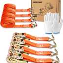 Ratchet Straps (4-Pack), 1 Inch x 16.4 Feet (2200lb Break Strength) with Sturdy Metal Hooks, 1x Work Gloves, Heavy Duty Tie Down Straps for Truck, Cargo Trailer, Motorcycle, Luggage, Moving (Orange)