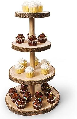 Wooden 4 Tier Rustic Cupcake Stand, Great for Wedding Cake Wood Display Tiered Centerpiece, Dessert Tower for Parties & Events
