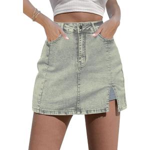 luvamia Skorts Skirts for Women Denim Mini Skirt Side Slit with High Waisted Jean Shorts Stretchy (XX-Large, Vintage Light Blue)